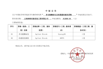 中国医学科学院医学生物学研究所“  多功能酶标仪及高通量洗板机采购  ”中标公告