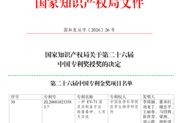 全球首创手足口病EV71 灭活疫苗（人二倍体细胞）核心专利荣获中国专利金奖