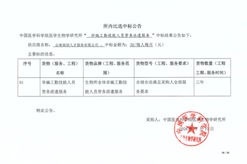 中国医学科学院医学生物学研究所非编工勤技能人员劳务派遣服务中标公告